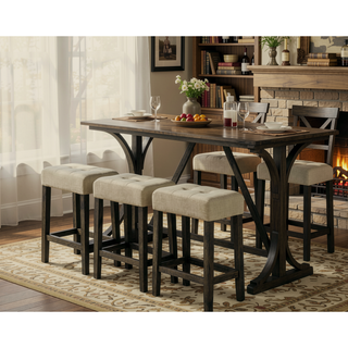 Sunvega Transitional Brown Rubberwood Dining Table Set with 3 Tufted Stools