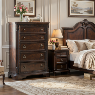 Sunvega Mahogany Finish Traditional Design 5 Drawer Chest with Custom Hardware