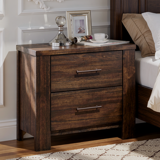 Sunvega Oak Nightstand with Two Drawers and Antique Brass Hardware for Bedroom