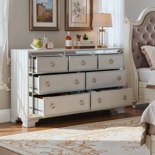 Sunvega Silver Finish 7 Drawer Dresser with Beveled Mirror Trim and Crystal Pulls
