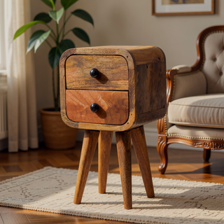 Sunvega Ultra-Compact Solid Mango Wood Bedside Table with Two Drawers