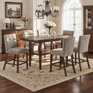 Sunvega Contemporary Brown Bar Table with Faux Marble Top and Storage Shelf