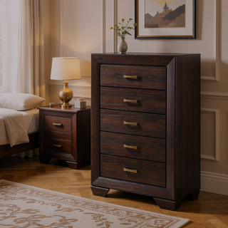 Sunvega Dark Cocoa 5-Drawer Chest with Sleek Tapered Legs for Modern Style