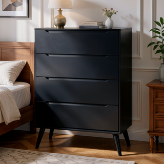 Sunvega Mid-Century Modern Black Chest with 4 Recessed Handle Drawers and Tapered Legs
