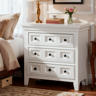 Sunvega Transitional Style Solid Wood Nightstand with Round Knobs and 3 Drawers