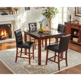 Sunvega Brown Square Pub Height Dining Set with Faux Marble Table and Upholstered PU Chairs