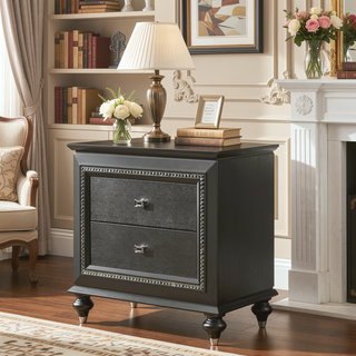 Sunvega Kaitlyn Metallic Gray Finish Wood Nightstand with Two Drawers and Crystal Trim