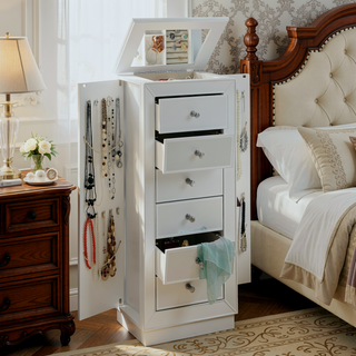 Sunvega Modern White Jewelry Armoire with Mirror and Six Felt-Lined Drawers
