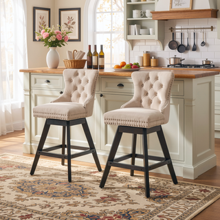 Sunvega Swivel Velvet Barstools with Button Tufted Back and Chrome Nailhead Trim