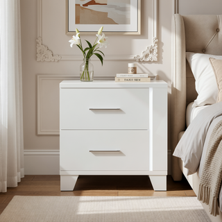 Sunvega White High Gloss Finish Modern Nightstand with LED Light and Dovetail Drawers