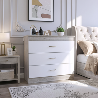 Sunvega Melia Three Drawer Dresser with Metal Hardware in Light Gray and White