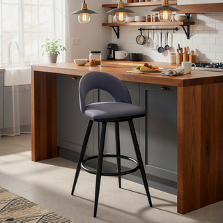Sunvega Black Metal Swivel Bar Stool with Gray Faux Leather Upholstery