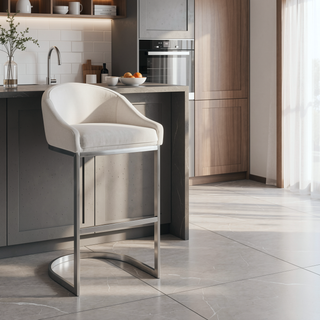Sunvega Brushed Stainless Steel Bar Stool with White Faux Leather Upholstery