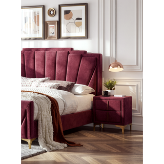 Sunvega Red and Gold Flannelette Nightstand with Upholstered Drawers and Bar Pull Handle