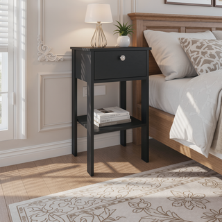 Sunvega Modern Black Wengue Nightstand with Drawer and Open Shelf for Bedroom
