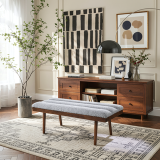 Sunvega Light Grey Teddy Boucle Upholstered Bench with Solid Wood Frame