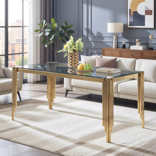 Sunvega Modern Dining Table with Tempered Glass Top and Golden Metal Frame