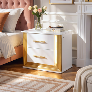Sunvega Contemporary Gold Finish Nightstand with Two Drawers and LED Lights