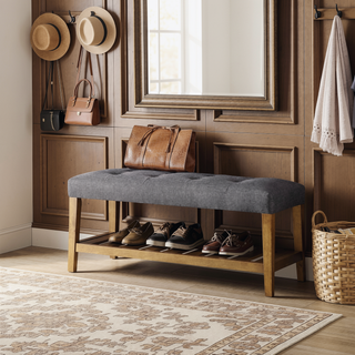Sunvega Tufted Padded Seat Bench with Open Shelf for Contemporary Spaces