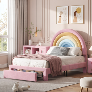 Sunvega Full Size Velvet Upholstered Rainbow Princess Platform Bed with Storage Drawer