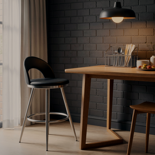 Sunvega Brushed Stainless Steel Swivel Bar Stool with Black Faux Leather Upholstery