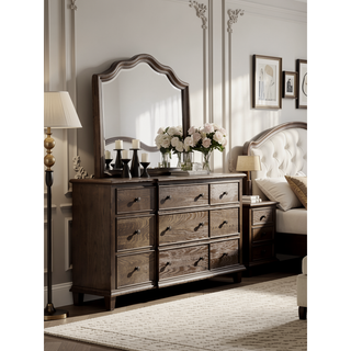 Sunvega Weathered Oak Finish Dresser with Nine Spacious Drawers and Felt-Lined Top