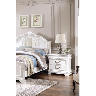 Sunvega White Transitional Nightstand with Faux Wood Carving and Nickel Hanging Pulls