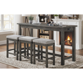 Sunvega White Counter Height Dining Set with USB Ports and Fabric Stools
