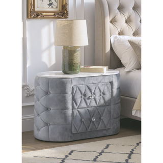 Sunvega Oval Faux Marble Top Nightstand with Two Drawers and Button Tufted Black Fabric