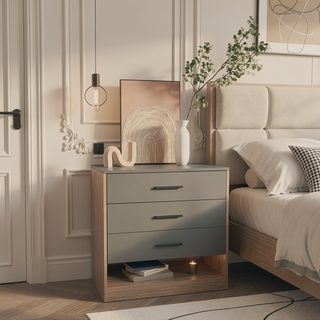 Sunvega Modern Gray and Oak 3 Drawer Dresser with Open Shelf for Bedroom