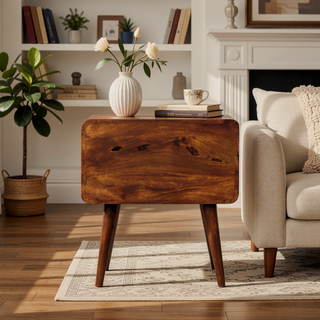 Sunvega Solid Mango Wood Chestnut Bedside Table with 2 Drawers and Nordic Legs