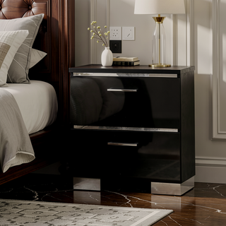 Sunvega Two Drawer Nightstand with USB Charger in Black and Chrome Finish