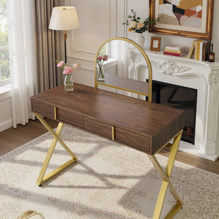 Sunvega White and Gold Vanity Desk with Mirror and Jewelry Storage Tray
