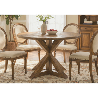 Sunvega Weathered Oak Finish Round Pedestal Dining Table with Wooden X-Design Base