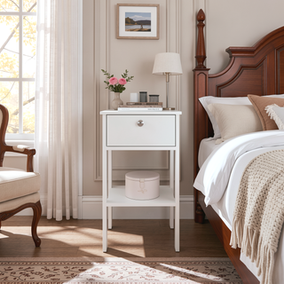 Sunvega Modern White Nightstand with Dual Drawers and Open Shelf for Bedroom