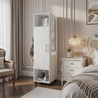 Sunvega White Modern Armoire with Full-Length Mirror and Three Shelves