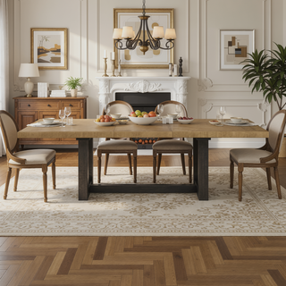 Sunvega Caramel and Cocoa Trestle Dining Table with Black Base and Easy Leaf