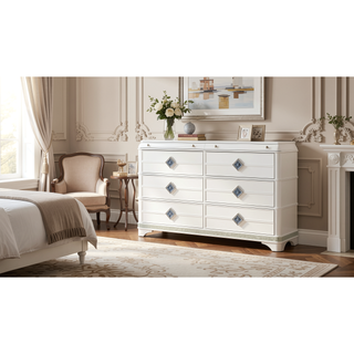 Sunvega Modern White Dresser with Six Soft Closing Drawers and Crystal Accent Handles