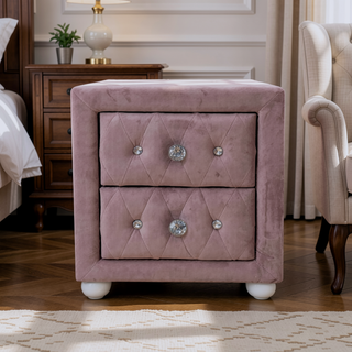Sunvega Pink Fabric Upholstered Nightstand with Two Storage Drawers and Crystal Knobs