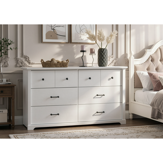 Sunvega 57 Inch White Dresser with 6 Drawers and Black Metal Handles