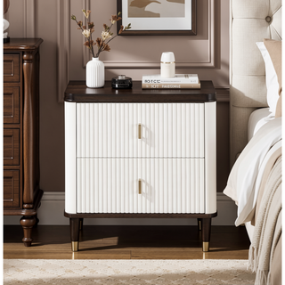 Sunvega Modern White and Brown Nightstand with 2 Slatted Drawers and USB Port