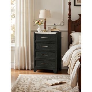 Sunvega Modern Nightstand with Faux Marble Top Two Drawers Black Finish