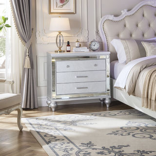 Sunvega Mirror Accented Modern Style Nightstand with Three Spacious Drawers in Silver