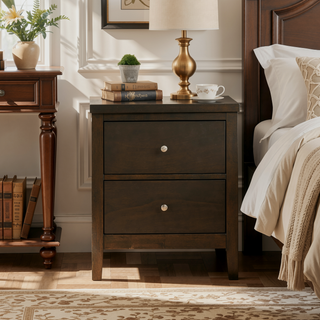 Sunvega Modern Dark Cocoa Two-Drawer Nightstand with Sleek Brushed Nickel Hardware