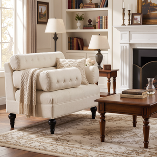 Sunvega Lewis Bolster Arm Entryway Bench Upholstered in Sky Neutral Beige Polyester