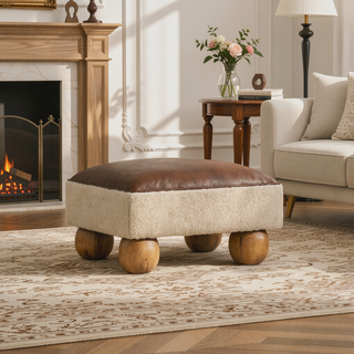Sunvega Vintage Leather Boucle Upholstered Footstool with Solid Mango Wood Ball Feet