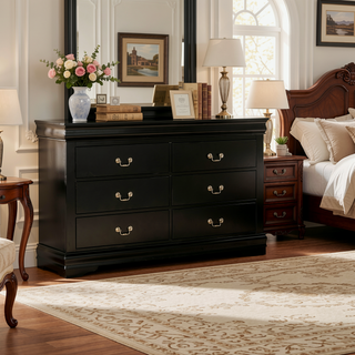 Sunvega Black Solid Wood Dresser with Six Drawers and Nickel Metal Handles