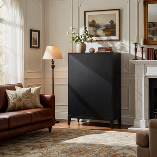 Sunvega Contemporary Black Wood Chest with Five Fluted Drawers and Golden Handles