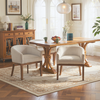Sunvega Mid Century Modern Upholstered Barrel Dining Chair with Arms and Natural Hardwood Frame