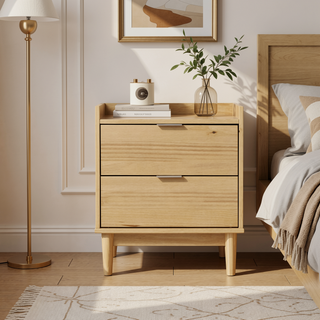 Sunvega Minimalist Solid Pine Wood Nightstand with 2 Smooth Gliding Drawers